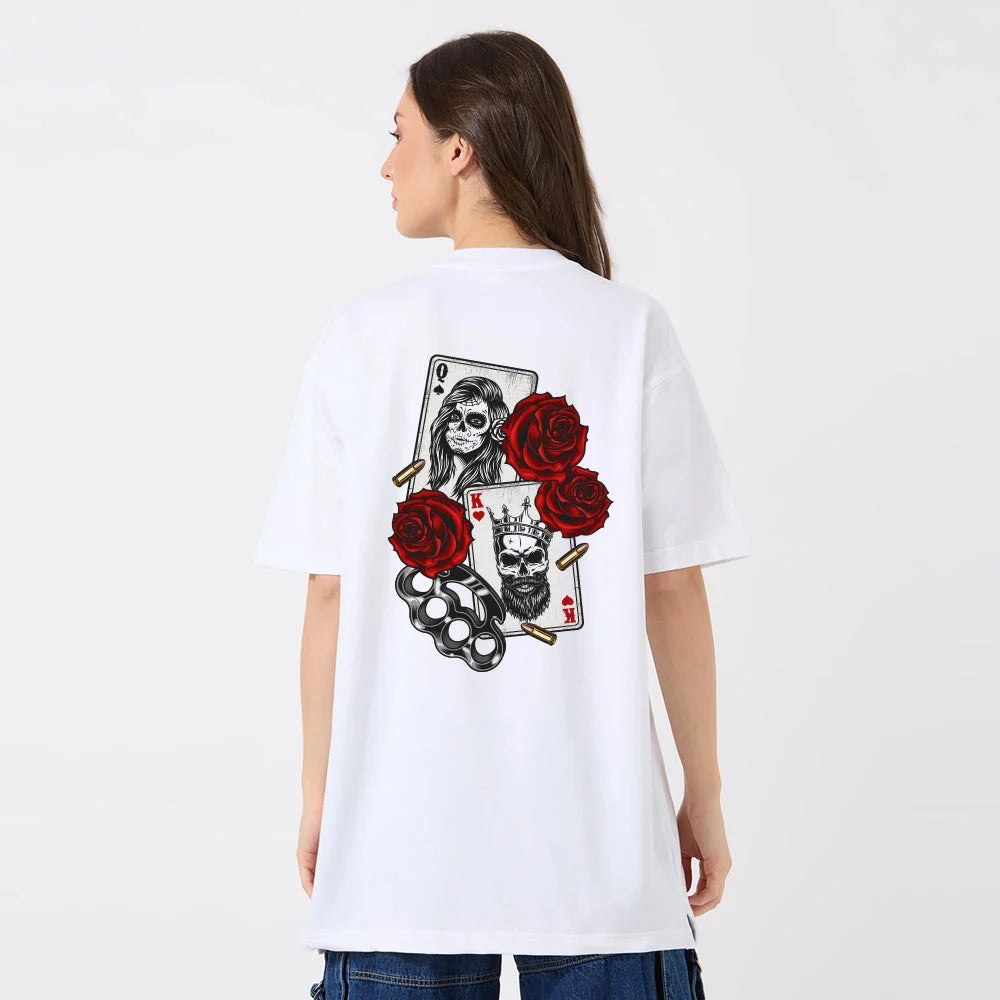 oversized t-shirt for women, skull graphic tee, white t-shirt for girls, streetwear t-shirt, cotton oversized tee, casual women’s fashion, king and queen card print, trendy t-shirt for girls, rose print t-shirt, urban style women’s tee