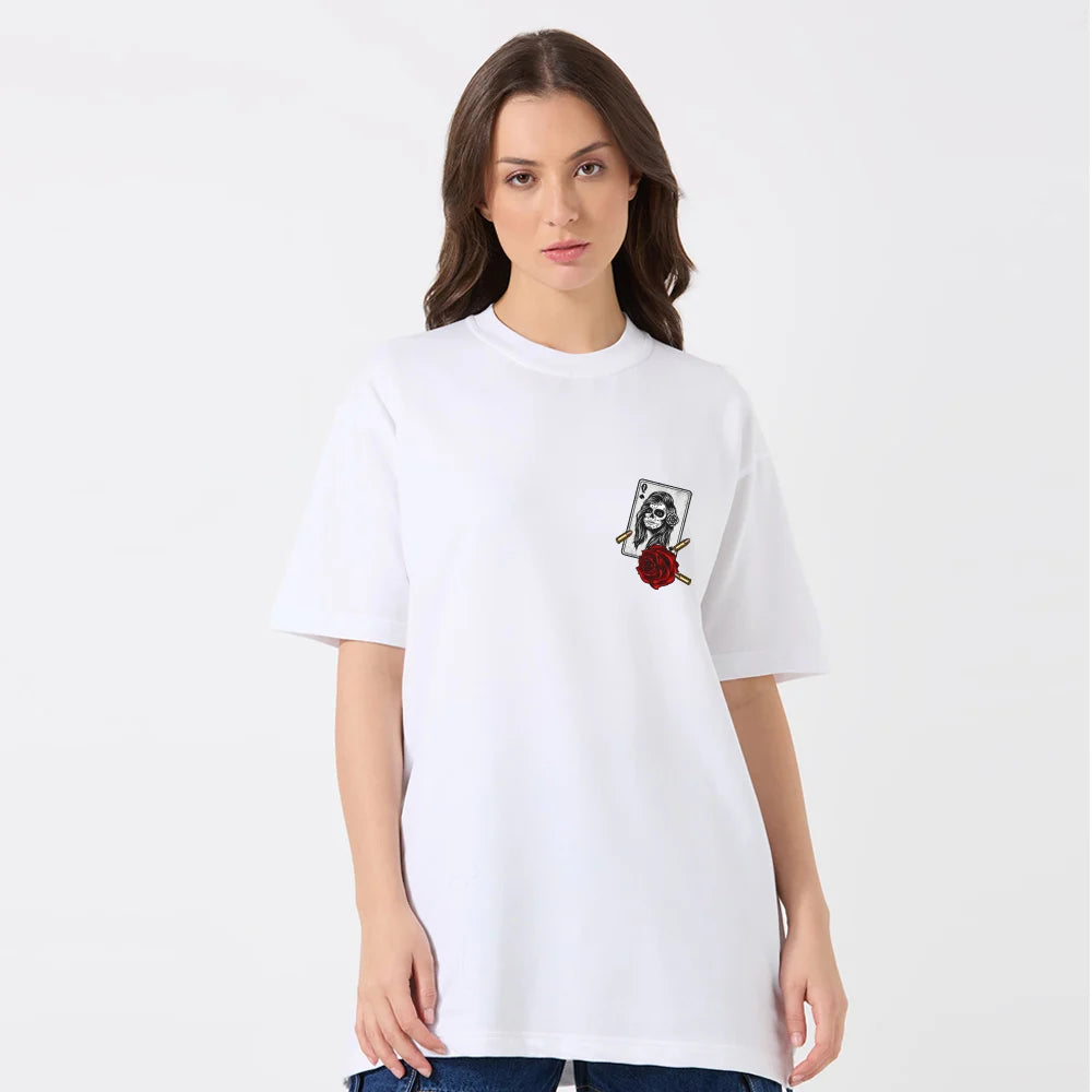 oversized t-shirt for women, skull graphic tee, white t-shirt for girls, streetwear t-shirt, cotton oversized tee, casual women’s fashion, king and queen card print, trendy t-shirt for girls, rose print t-shirt, urban style women’s tee