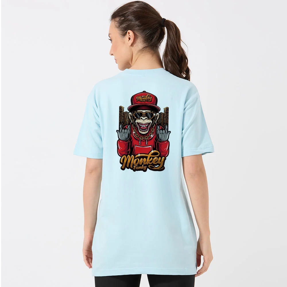 oversized t-shirt women, funky monkey t-shirt, light blue cotton t-shirt, graphic tee women, urban streetwear for women, monkey back print shirt, women’s casual t-shirt, oversized streetwear tee, bold graphic tshirt women, cotton oversized t-shirt