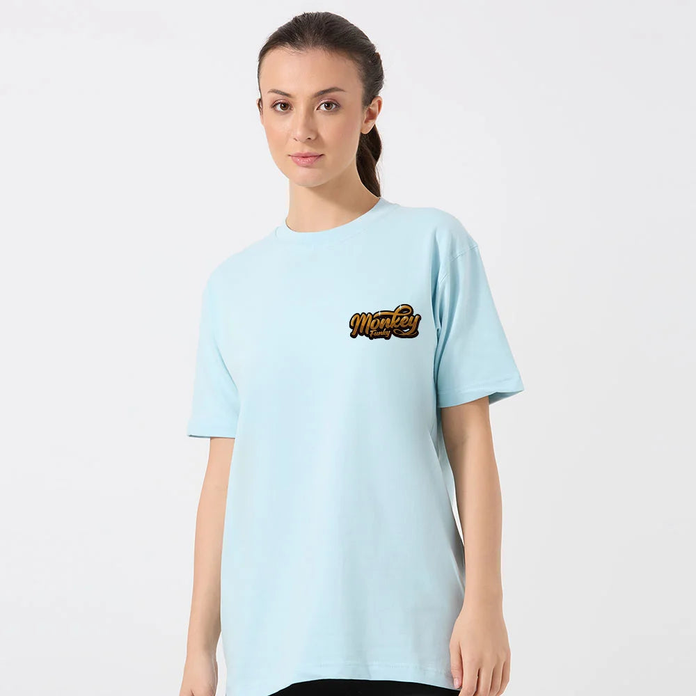 oversized t-shirt women, funky monkey t-shirt, light blue cotton t-shirt, graphic tee women, urban streetwear for women, monkey back print shirt, women’s casual t-shirt, oversized streetwear tee, bold graphic tshirt women, cotton oversized t-shirt