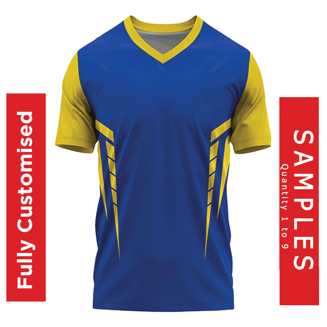 कस्टम वी-नेक स्पोर्ट्स जर्सी नमूना - नीला और पीला
