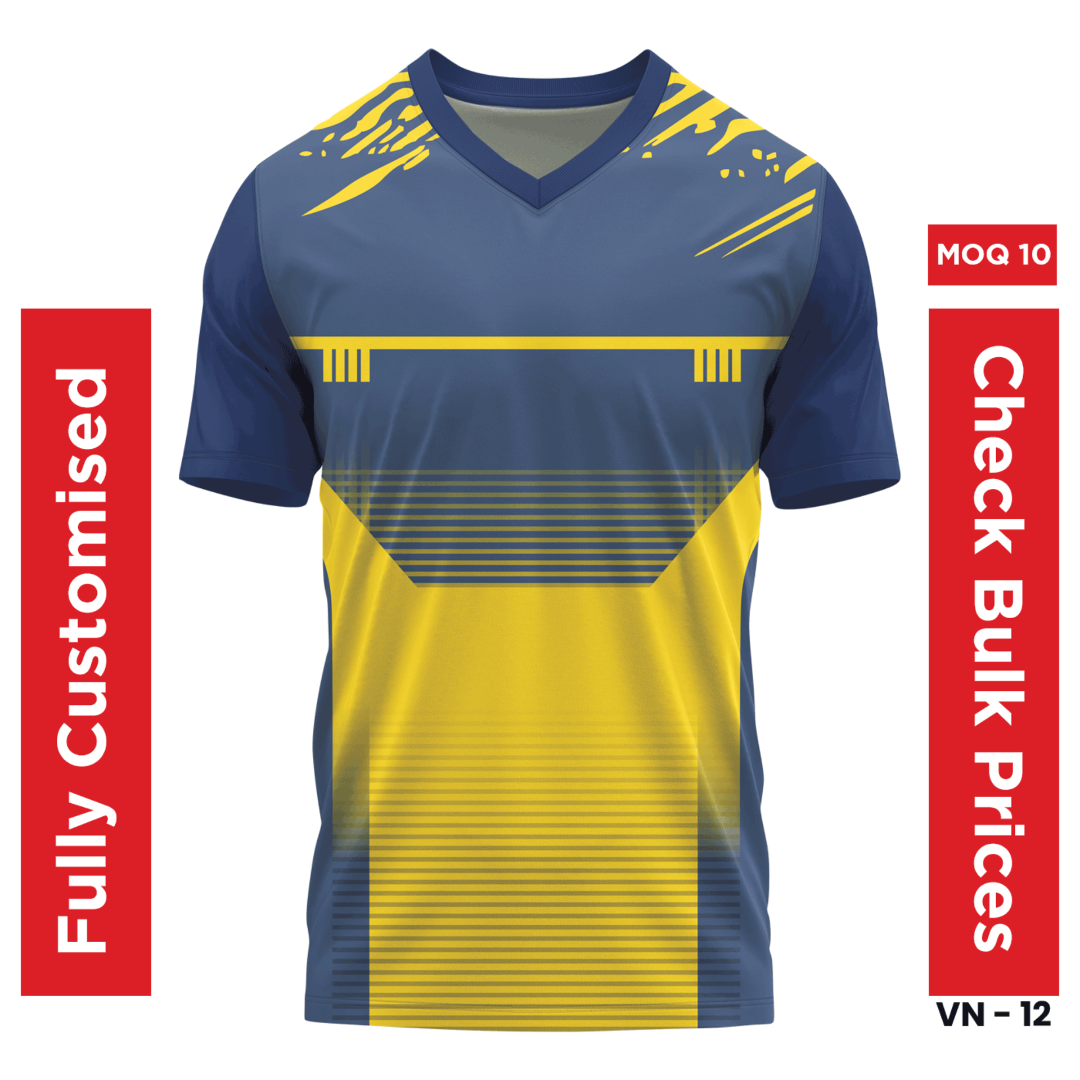 प्रीमियम V नेक जर्सी - कस्टम टीमवियर - ब्लू और येलो - सैंपल