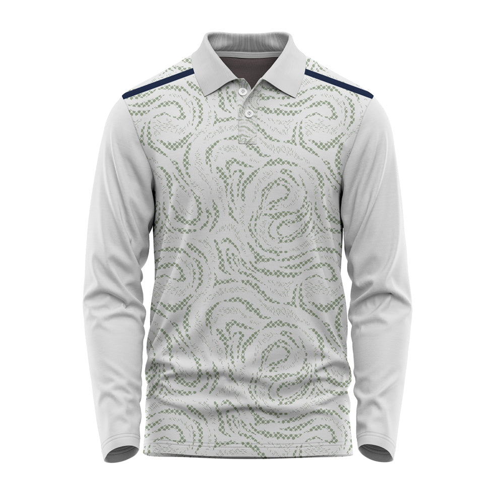 Custom full sleeve polo jersey in light grey with personalized logo printing and dry-fit polyester fabric