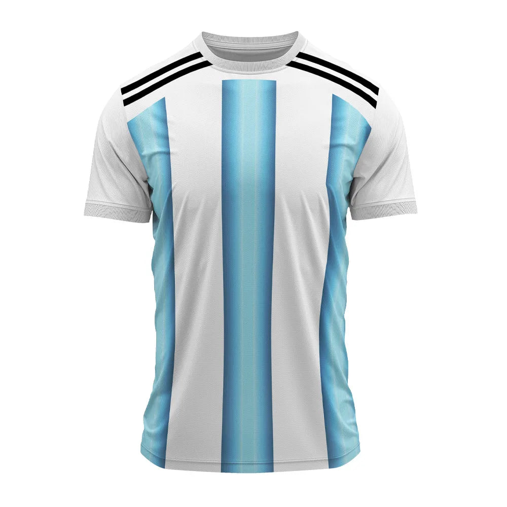 White round-neck sports jersey with sky blue vertical stripes and black shoulder stripes, front view