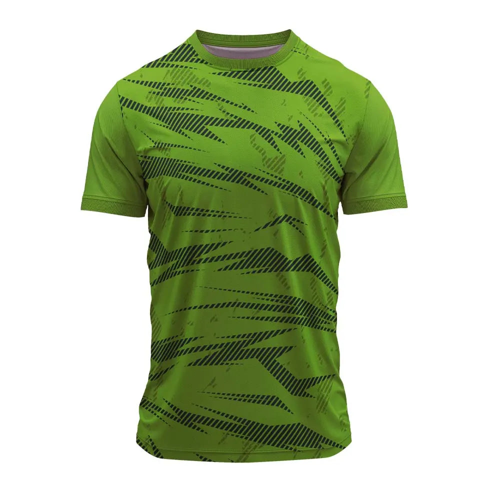 Bright green round-neck sports jersey with dark green hatched diagonal streaks, front view