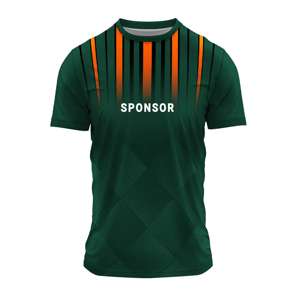 Dark green jersey front with sample sponsor logo placement example
