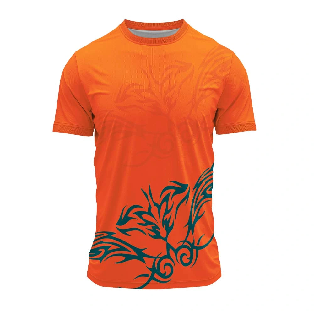 Orange round-neck sports jersey with teal leaf and vine motif on the lower front, front view