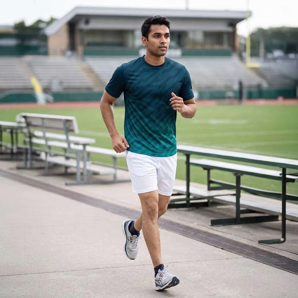 Man jogging at a stadium wearing a navy-to-teal gradient round-neck jersey and white shorts