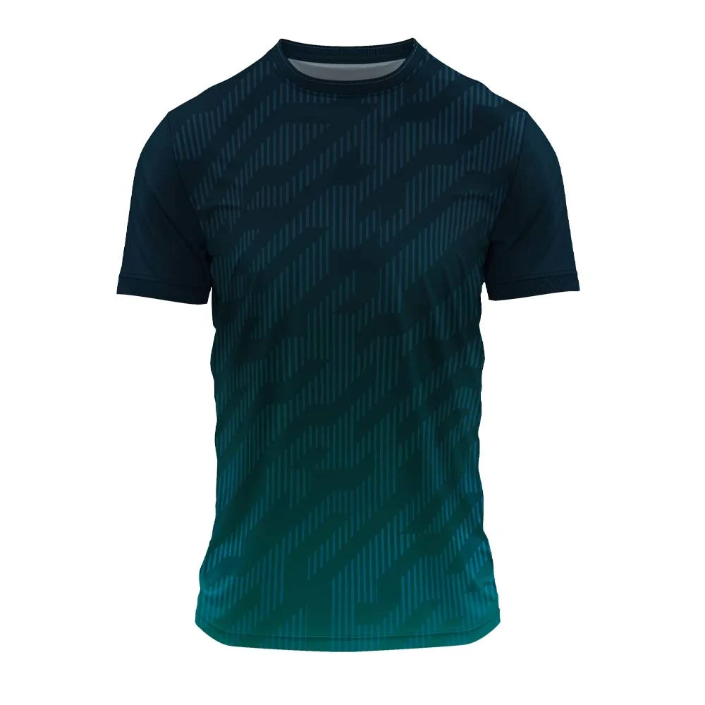 Dark navy to teal gradient round-neck sports jersey with fine diagonal line texture, front view