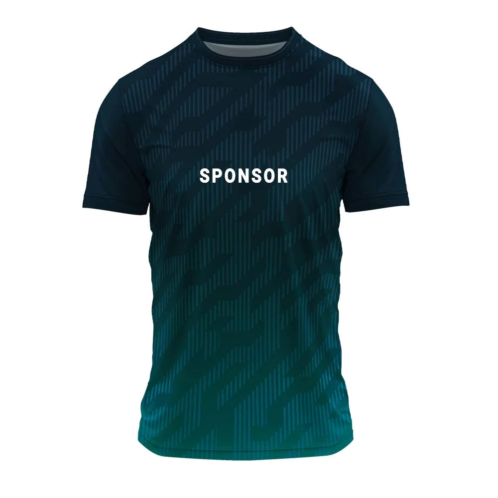 Navy-to-teal gradient jersey front with sample sponsor logo on the chest