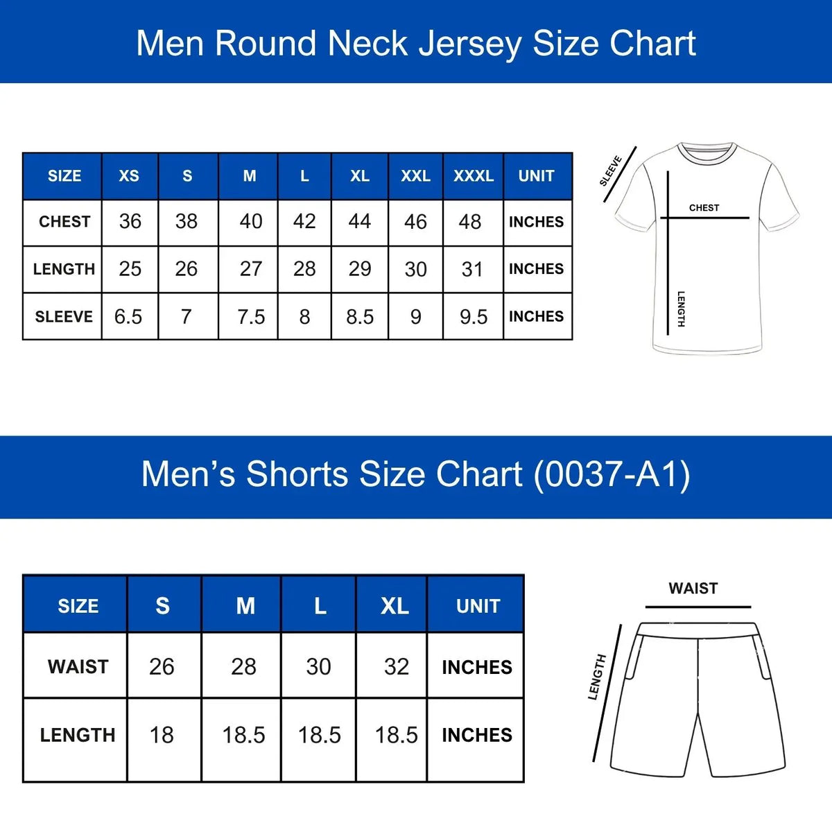 Size chart in inches for men's round-neck jersey and shorts