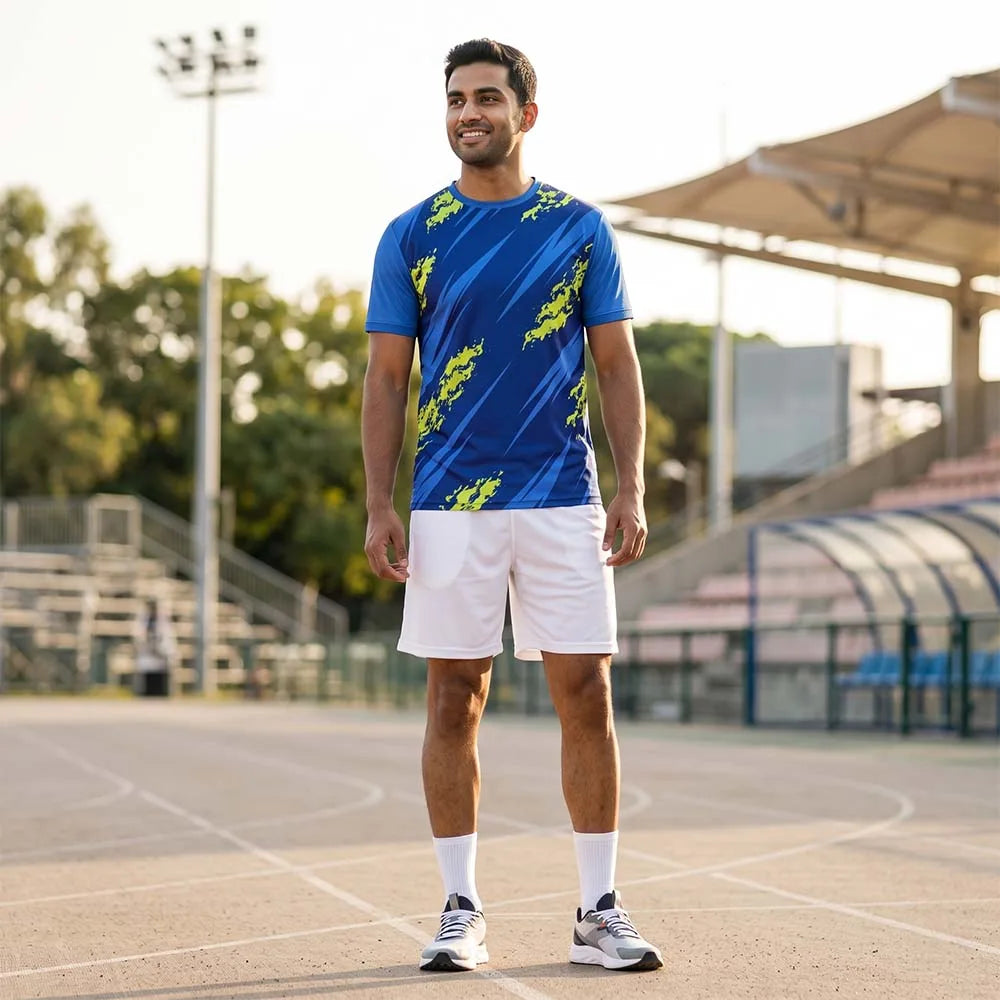 Man at a sports ground wearing a royal blue jersey with diagonal streaks and lime splashes, with white shorts