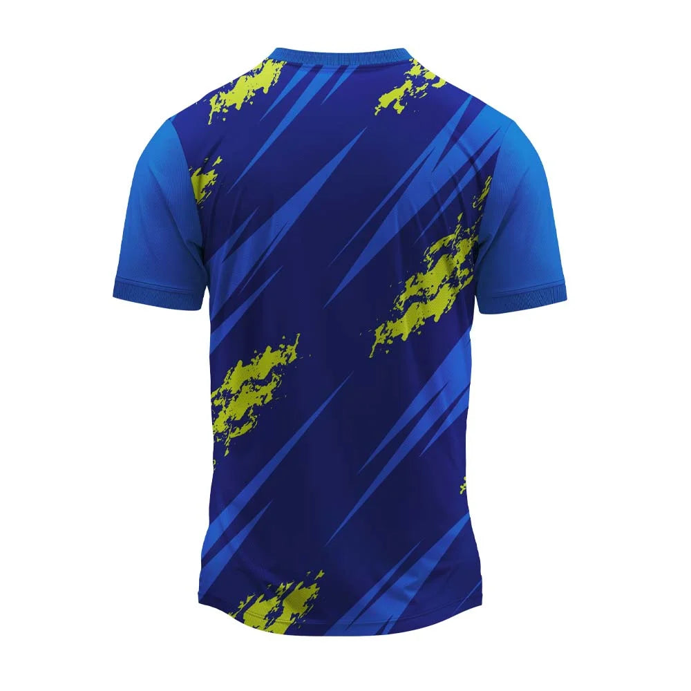 Royal blue round-neck sports jersey with diagonal streaks and lime green splashes, back view