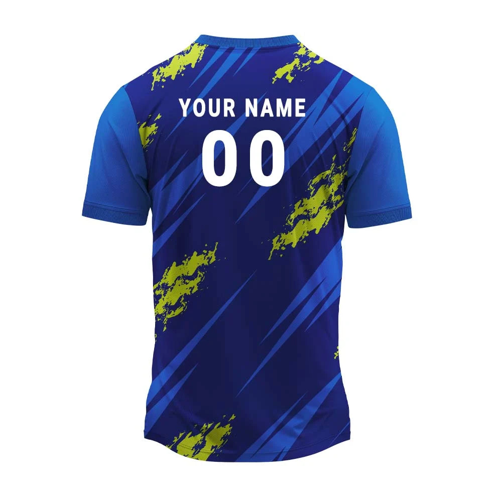 Royal blue and lime splash jersey back with sample player name and number 00