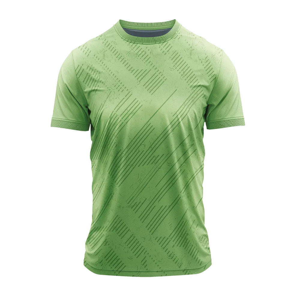Light green round-neck sports jersey with tonal diagonal line pattern, front view