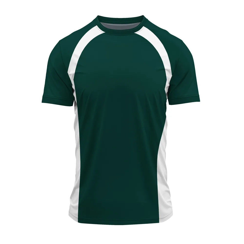 Forest green round-neck sports jersey with white raglan shoulder stripes and white side panels, front view