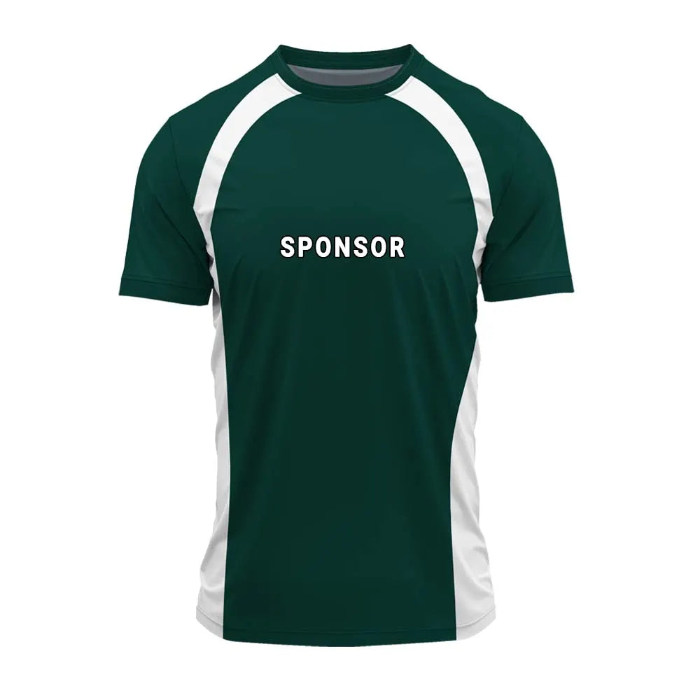 Forest green jersey front with sample sponsor logo on the chest