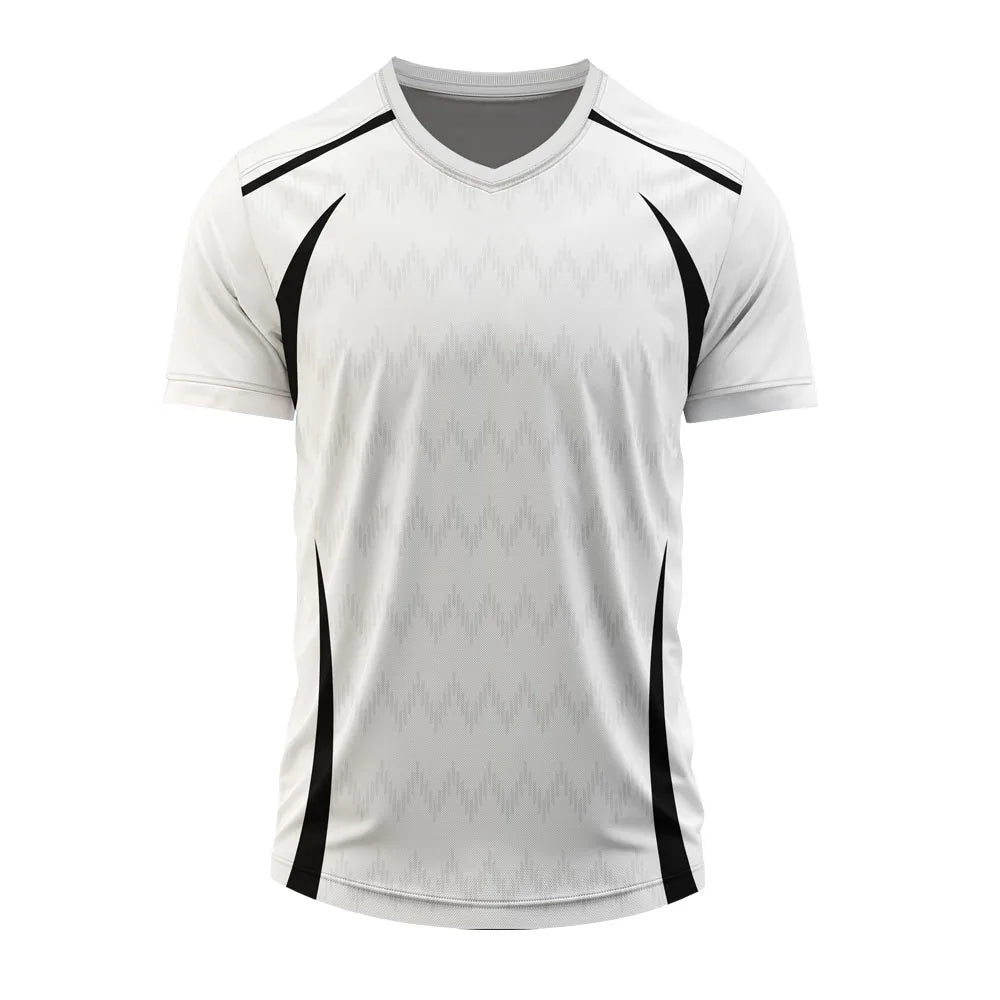 White Edge V-neck jersey front, white jersey with black shoulder and side lines