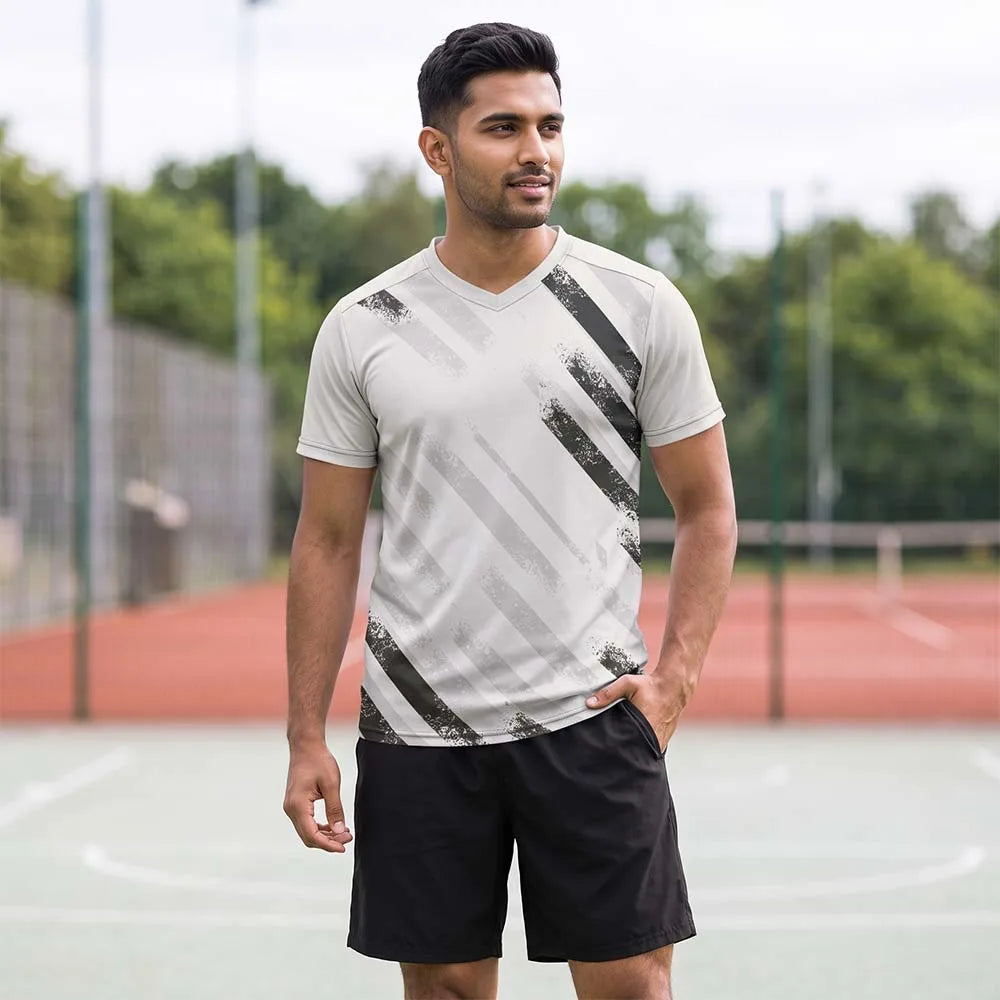 Model wearing Grey Brush grey brushstroke V-neck jersey with black shorts
