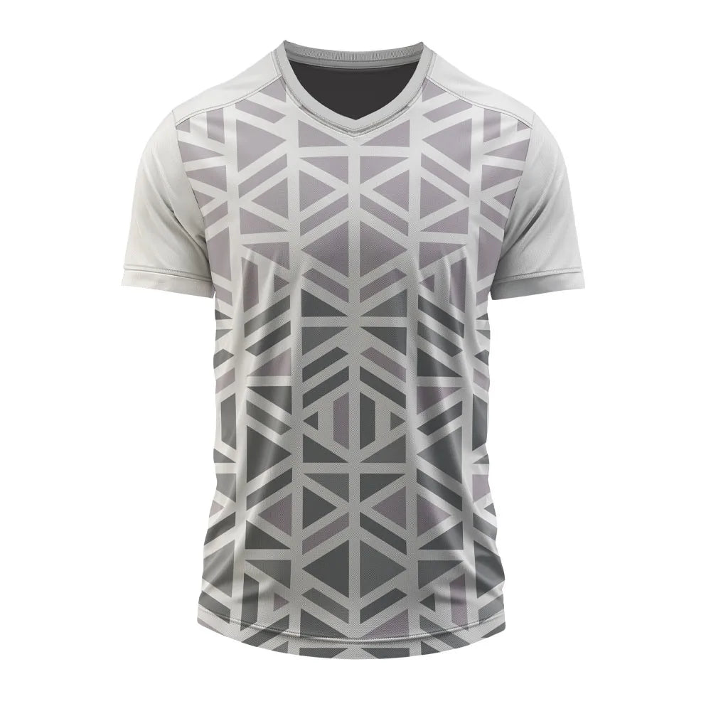 Grey Geo V-neck jersey front, white and grey jersey with geometric triangle pattern