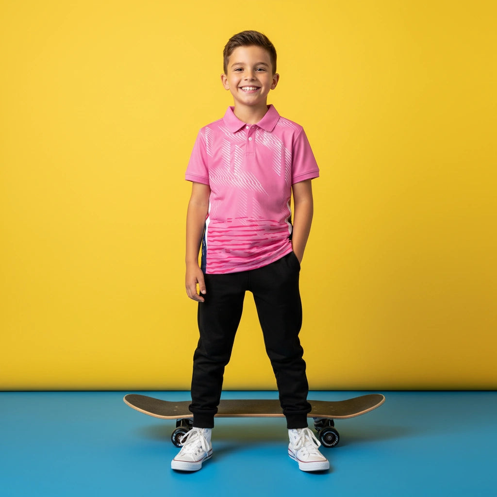 Kids Pink Performance Polo – Digital Stripe Print Custom Activewear Tee