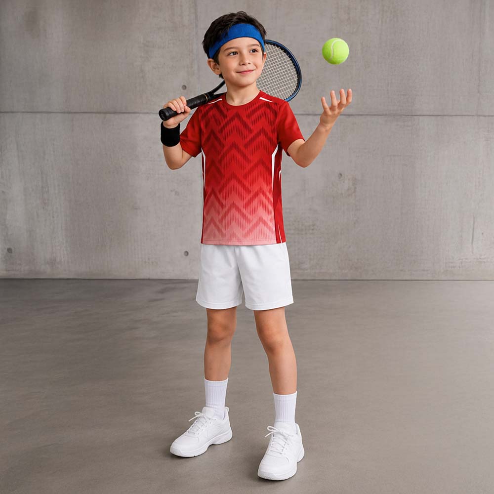 Kids model wearing red ombre jersey and white shorts set