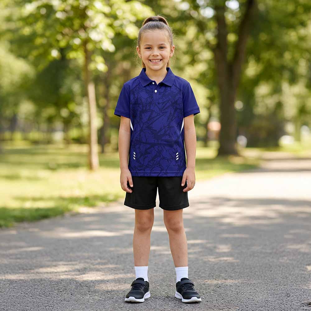 Kids model wearing navy camo jersey and black shorts set