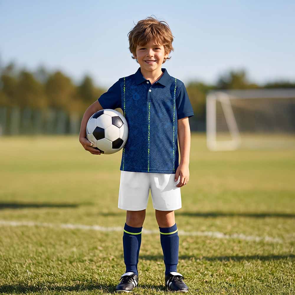 Kids model wearing navy neon maze jersey and white shorts set