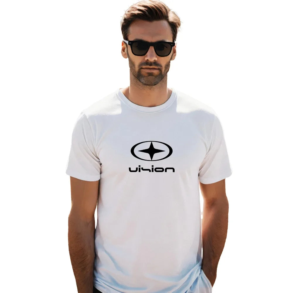 vision logo t shirt, white cotton t shirt for men, round neck t shirt, half sleeve t shirt, casual wear for men, breathable cotton tee, graphic t shirts men, minimal printed t shirt, mens summer t shirt, vision brand tee, stylish t shirts for men online