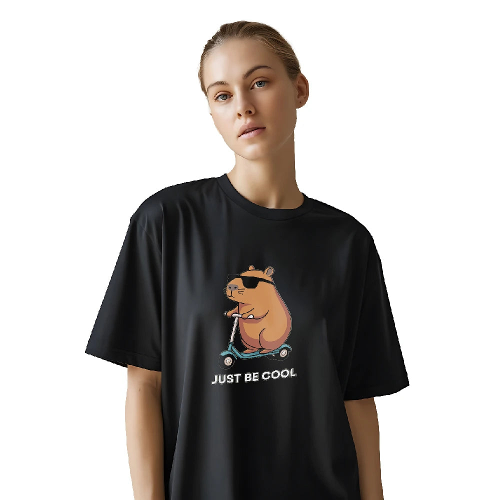 Just Be Cool t-shirt, oversized t-shirt for women, women's graphic tee, black cotton t-shirt, bear print t-shirt, funny t-shirt for girls, casual oversized t-shirt, women’s streetwear t-shirt, cute animal graphic tee, round neck t-shirt, soft cotton t-shirt, trendy women’s t-shirt, loose fit t-shirt for ladies, summer t-shirt for women, quirky printed t-shirt