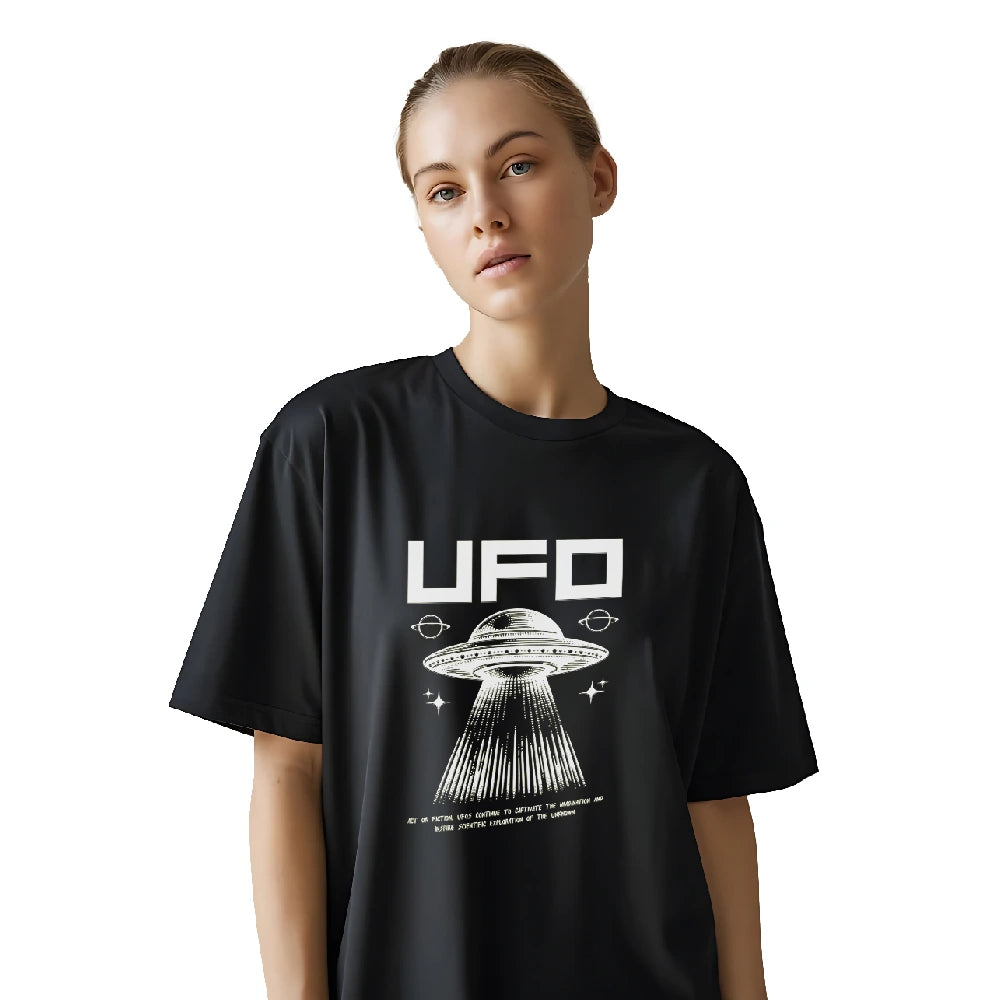 UFO t-shirt for women, space print oversized t-shirt, alien graphic tee, black cotton oversized tee, funny space themed shirt, women's streetwear t-shirt, trending oversized t-shirts, casual summer t-shirts for girls, graphic printed tee online, buy UFO t-shirt India