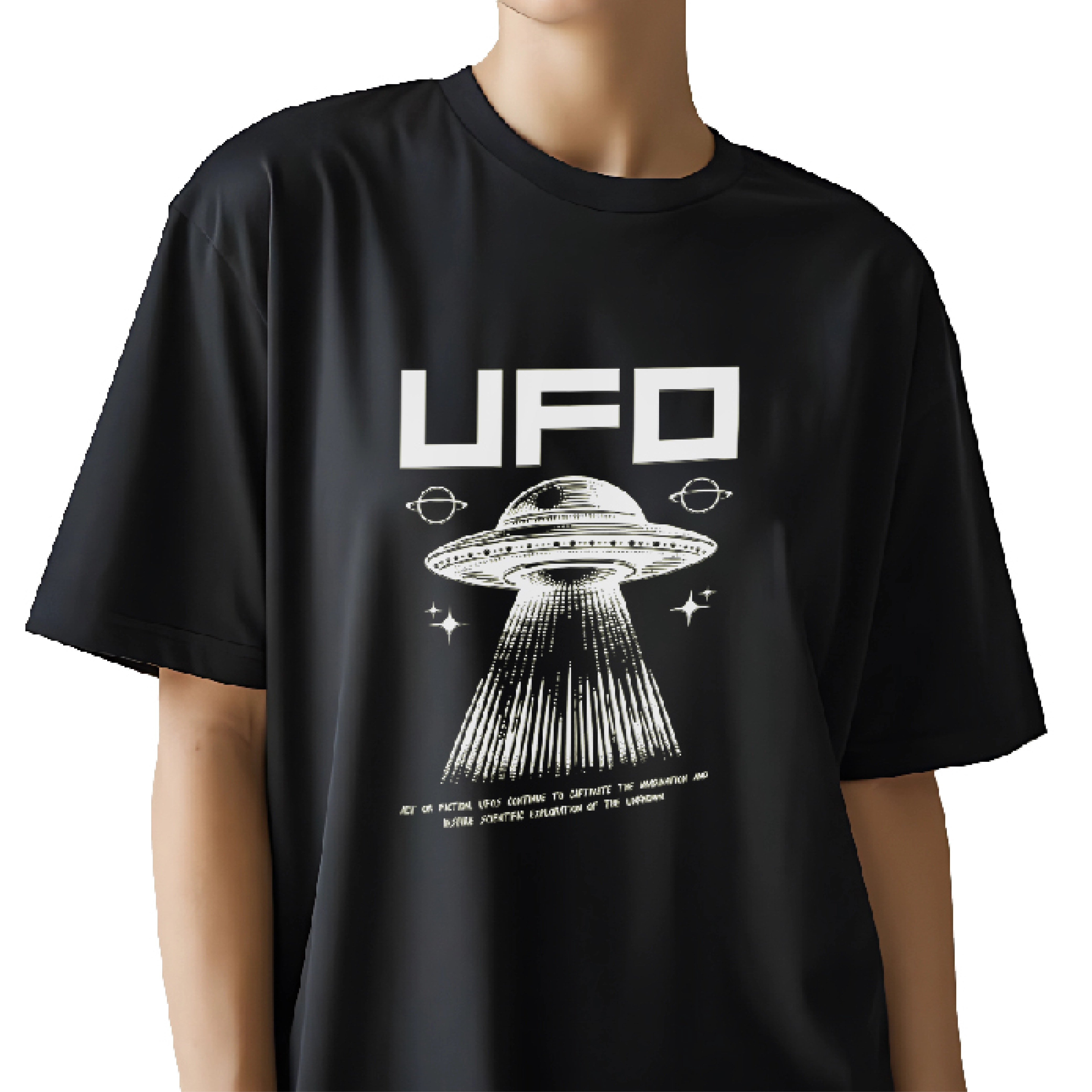 UFO t-shirt for women, space print oversized t-shirt, alien graphic tee, black cotton oversized tee, funny space themed shirt, women's streetwear t-shirt, trending oversized t-shirts, casual summer t-shirts for girls, graphic printed tee online, buy UFO t-shirt India
