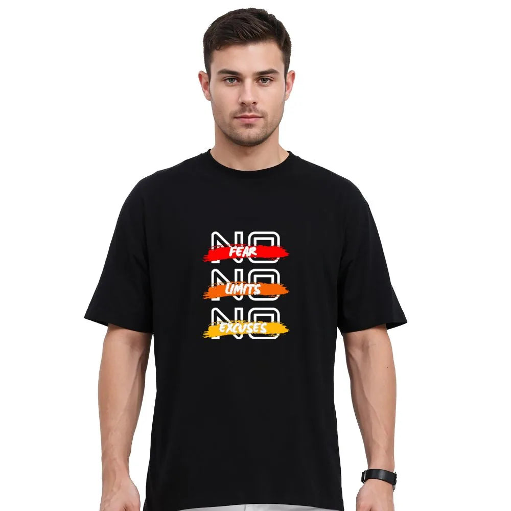 oversized gym t-shirt, no fear no limit no excuses tee, drop shoulder t-shirt, loose fit workout shirt, baggy gym t-shirt men, cotton gym wear, men's motivational t-shirt, oversized black tee, athletic oversized shirt, gym streetwear t-shirt
