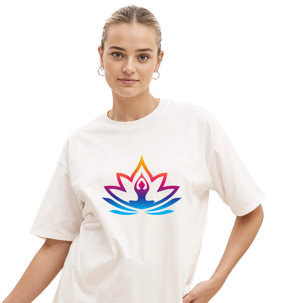 oversized yoga t shirt, lotus print t shirt women, baggy cotton t shirt, drop shoulder tee, spiritual t shirt for women, meditation t shirt, wellness wear, slouchy fit tee, oversized cotton t-shirt, graphic print tee for yoga lovers