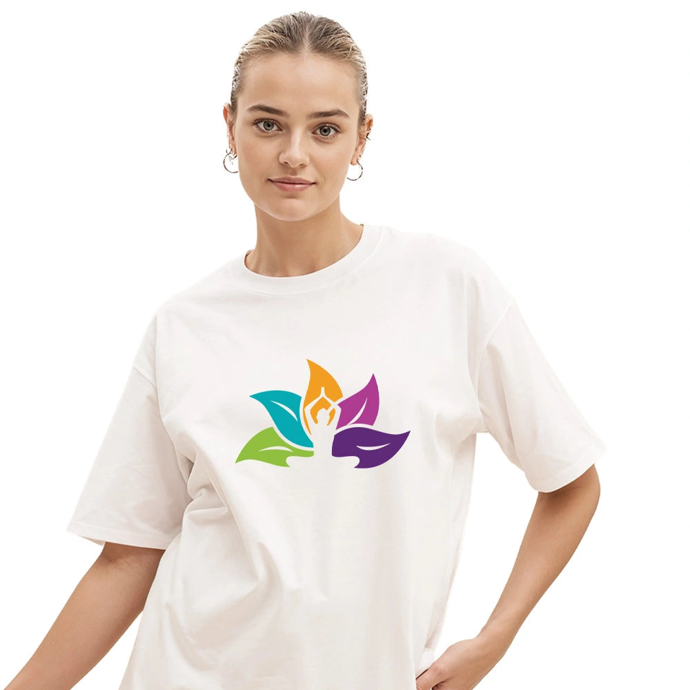 yoga day t-shirt, international yoga day t shirt, oversized yoga tee, women’s yoga t-shirt, drop shoulder cotton t shirt, lotus print t-shirt, yoga pose tee, yoga wear for women