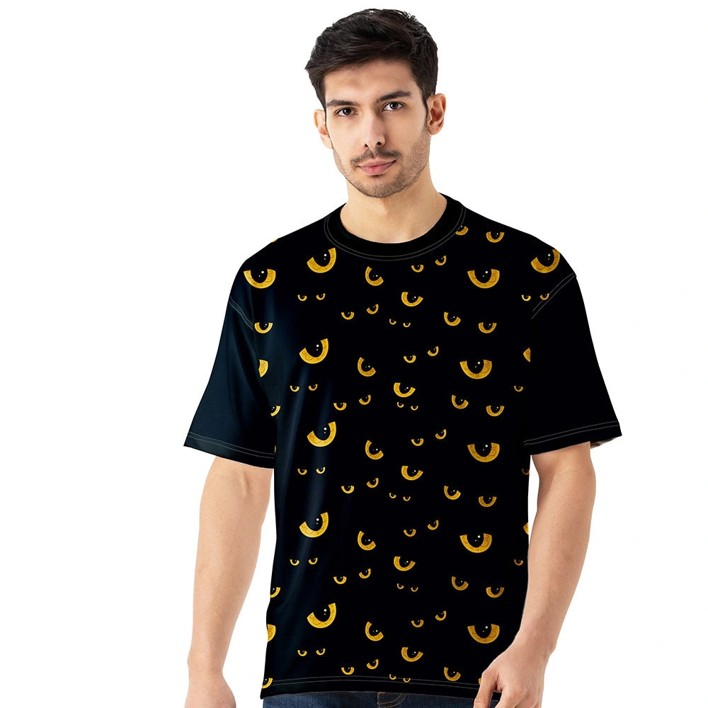 Black Oversized Jersey T Shirt for Men with Yellow Eyes Graphic Streetwear