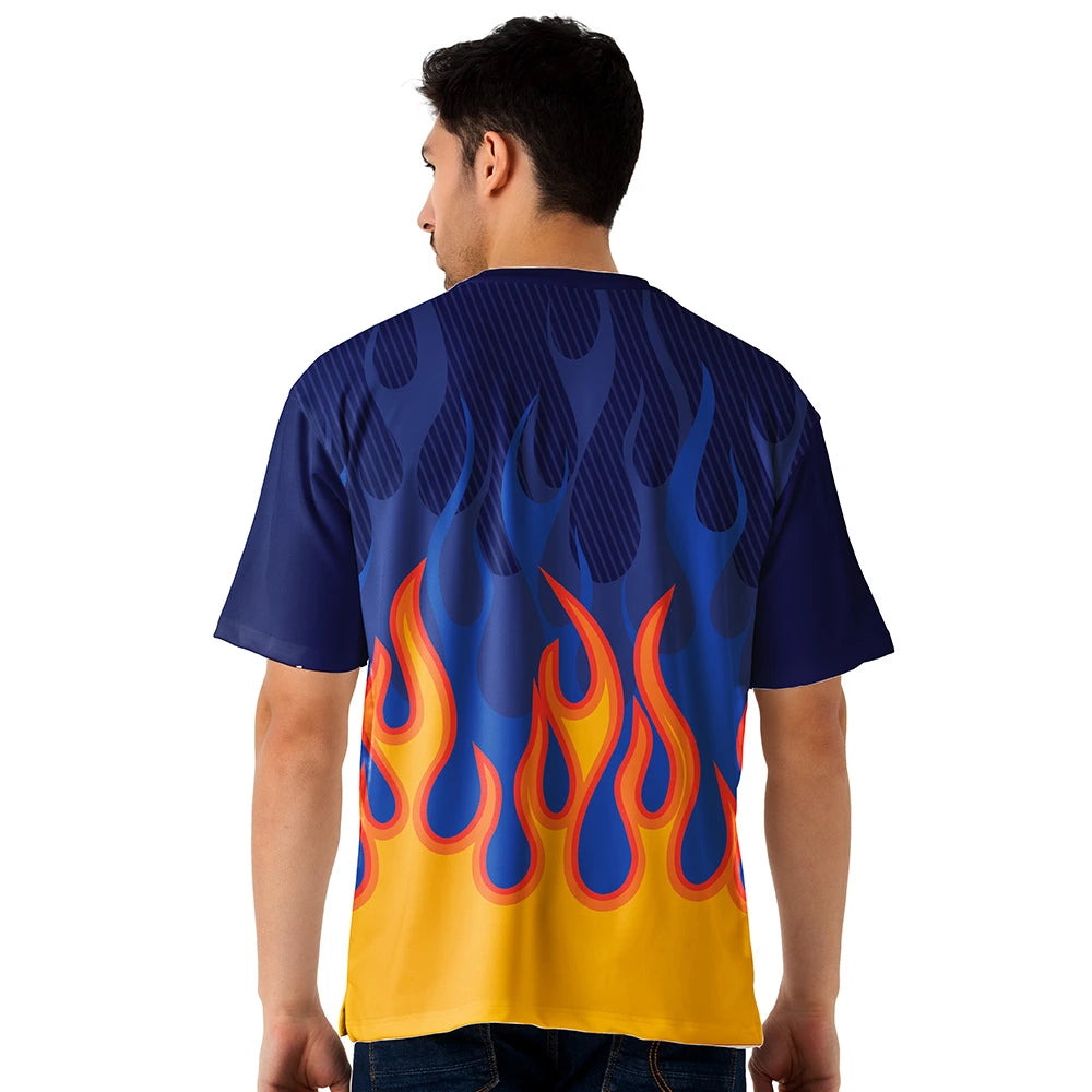 Men's Blue Flame Print Oversized Jersey | Fire Design Baggy Sports Streetwear Tee