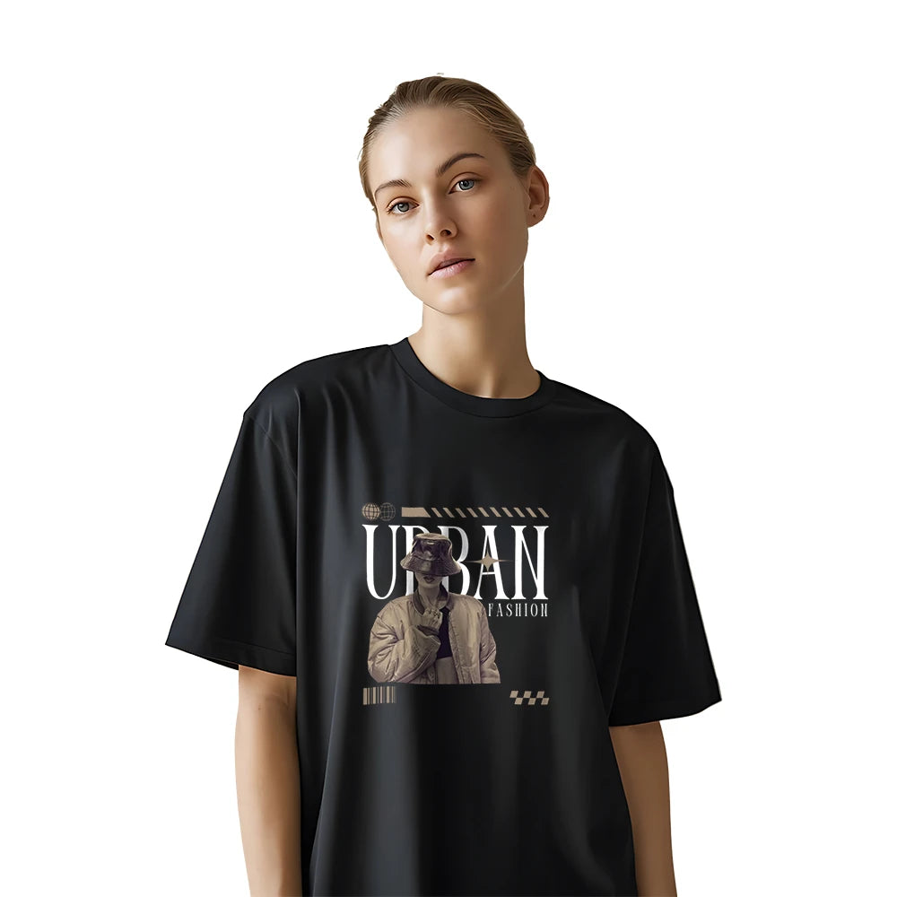 Urban Graphic Print Oversized Black T-Shirt for Women