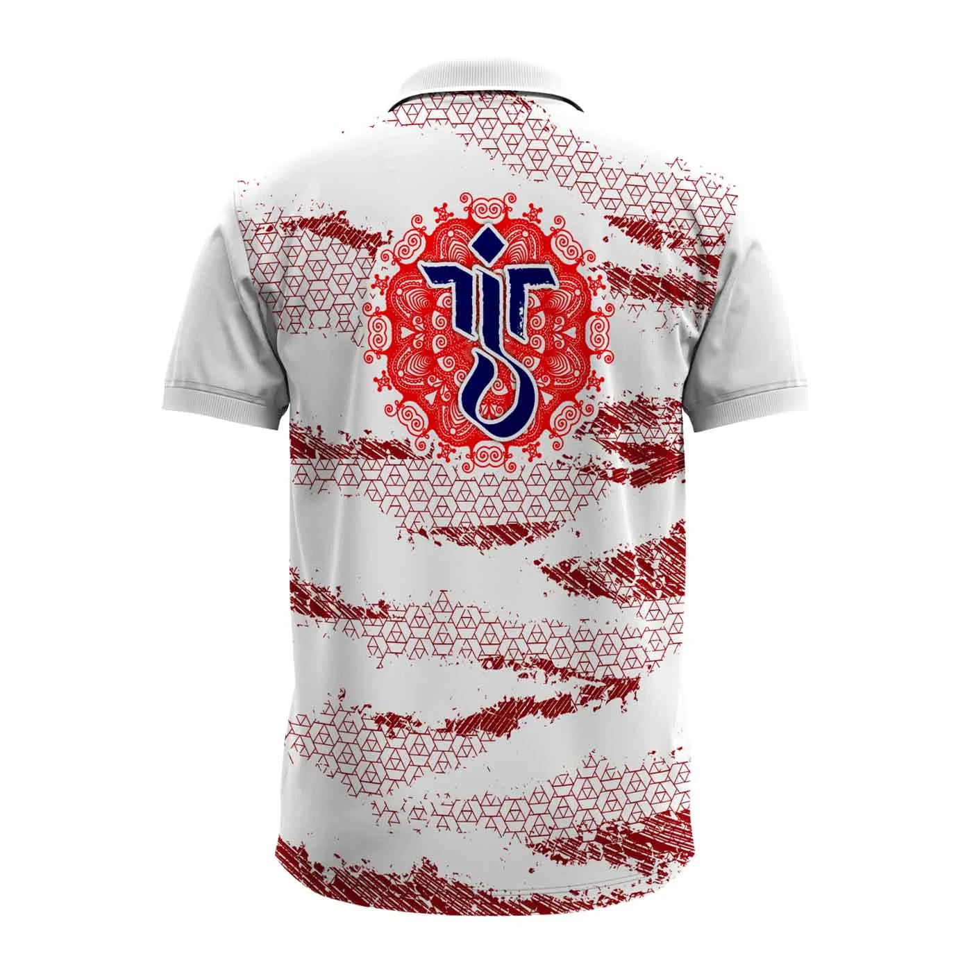 Ganpati jersey, Ganesh Utsav jersey, Ganpati visarjan t-shirt, white red Ganpati jersey, Ganpati dress for men, Ganpati festival outfit, Ganpati Bappa clothes, Ganpati theme jersey, Ganpati t-shirt for boys, devotional wear jersey, Ganpati clothing India, Ganpati celebration jersey, Ganesh festival jersey design, stylish Ganpati jersey