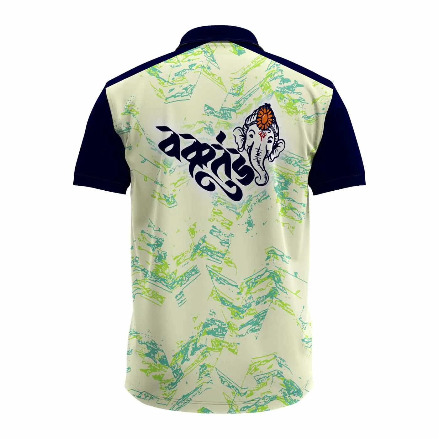 jai ganesh polo t shirt, ganpati bappa jersey for men, vakratunda ganesha t shirt, ganpati calligraphy shirt, spiritual polo t shirt, ganesh chaturthi outfit men, half sleeves collar t shirt, ganpati back print t shirt, festival wear t shirt for men, ganpati group dress