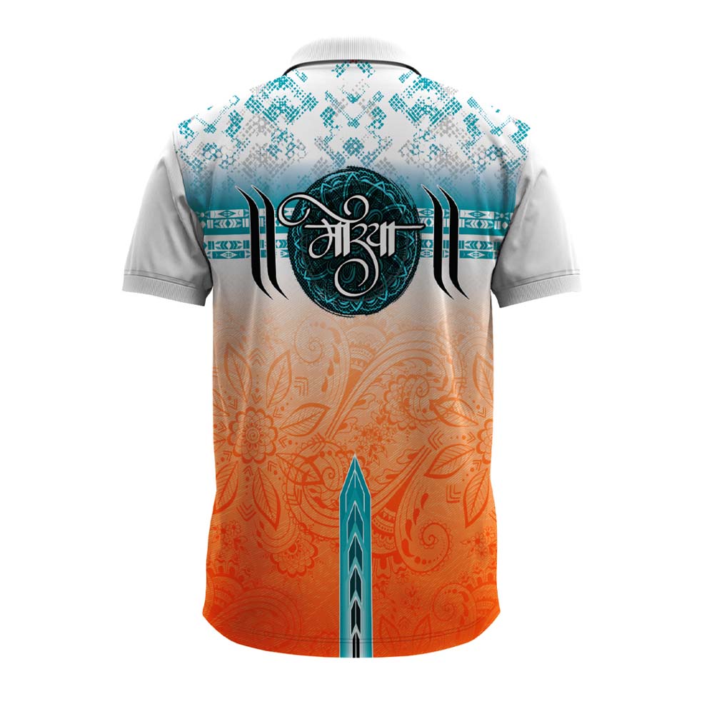 Ganpati polo jersey, Ganesh Chaturthi jersey, Ganpati T-shirt, spiritual jersey, polo neck Ganpati T-shirt, men’s Ganesh polo shirt, Ganpati festival dress, devotional jersey for Ganeshotsav, Ganpati visarjan outfit, ethnic polo shirt for men, Ganpati design T-shirt, Ganesh graphic polo, custom Ganpati polo, orange blue Ganesh jersey, religious polo T-shirt India