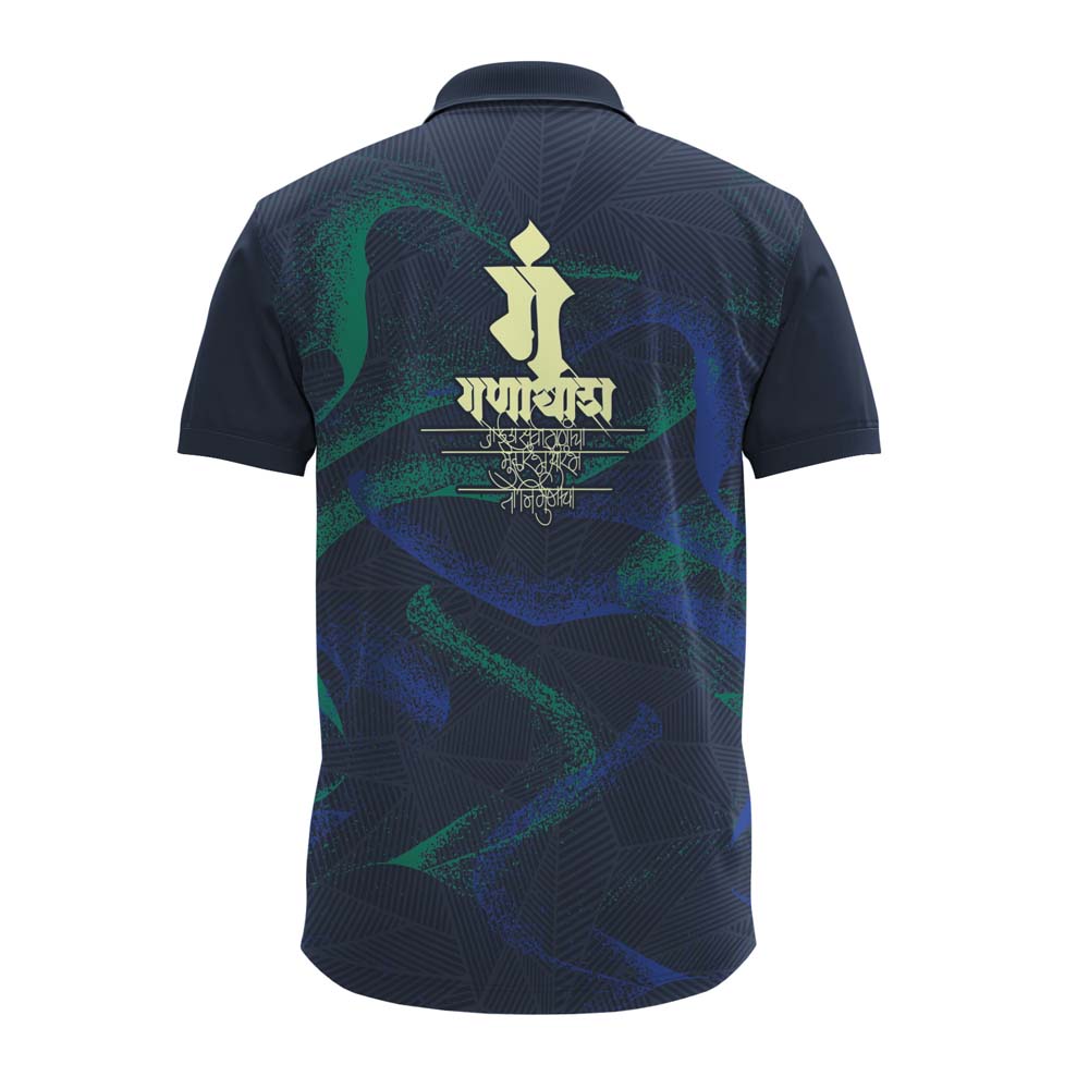 Ganpati polo jersey, Ganesh Chaturthi T-shirt, Ganpati festival dress, Ganpati collar T-shirt, spiritual jersey, men’s Ganesh polo shirt, devotional Ganpati outfit, ethnic wear for Ganesh festival, Ganesh graphic polo, custom Ganpati T-shirt, visarjan jersey, polo neck Ganpati wear, religious T-shirt India, traditional festival polo, Ganpati mandal dress, men’s religious outfit