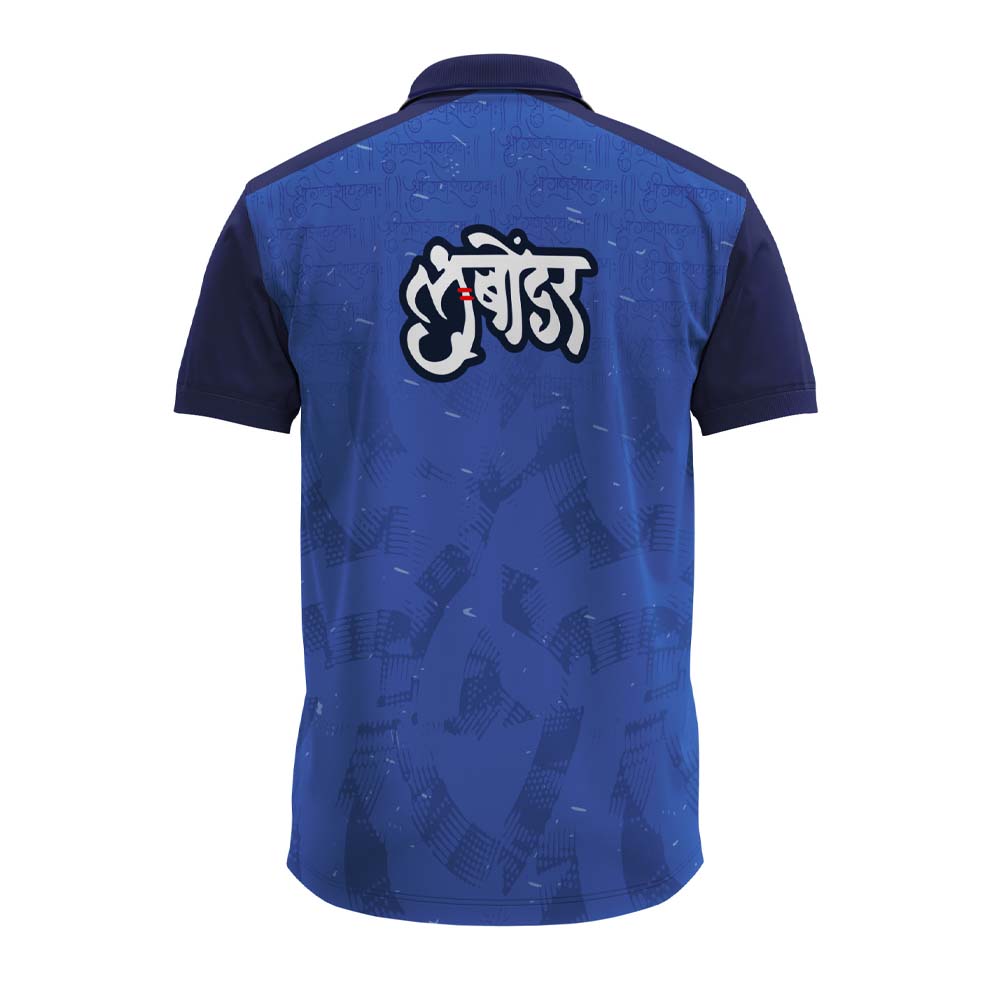 Ganpati polo jersey, Ganesh Chaturthi jersey, Ganpati T-shirt, spiritual jersey, polo neck Ganpati T-shirt, men’s Ganesh polo shirt, Ganpati festival dress, devotional jersey for Ganeshotsav, Ganpati visarjan outfit, ethnic polo shirt for men, Ganpati design T-shirt, Ganesh graphic polo, custom Ganpati polo, royal blue Ganesh jersey, religious polo T-shirt India