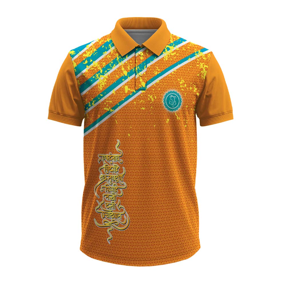 Orange Ganesha printed polo jersey with traditional design