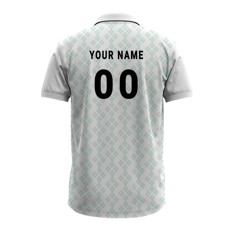 custom white festive polo t-shirt showcasing personalized name and jersey number print.