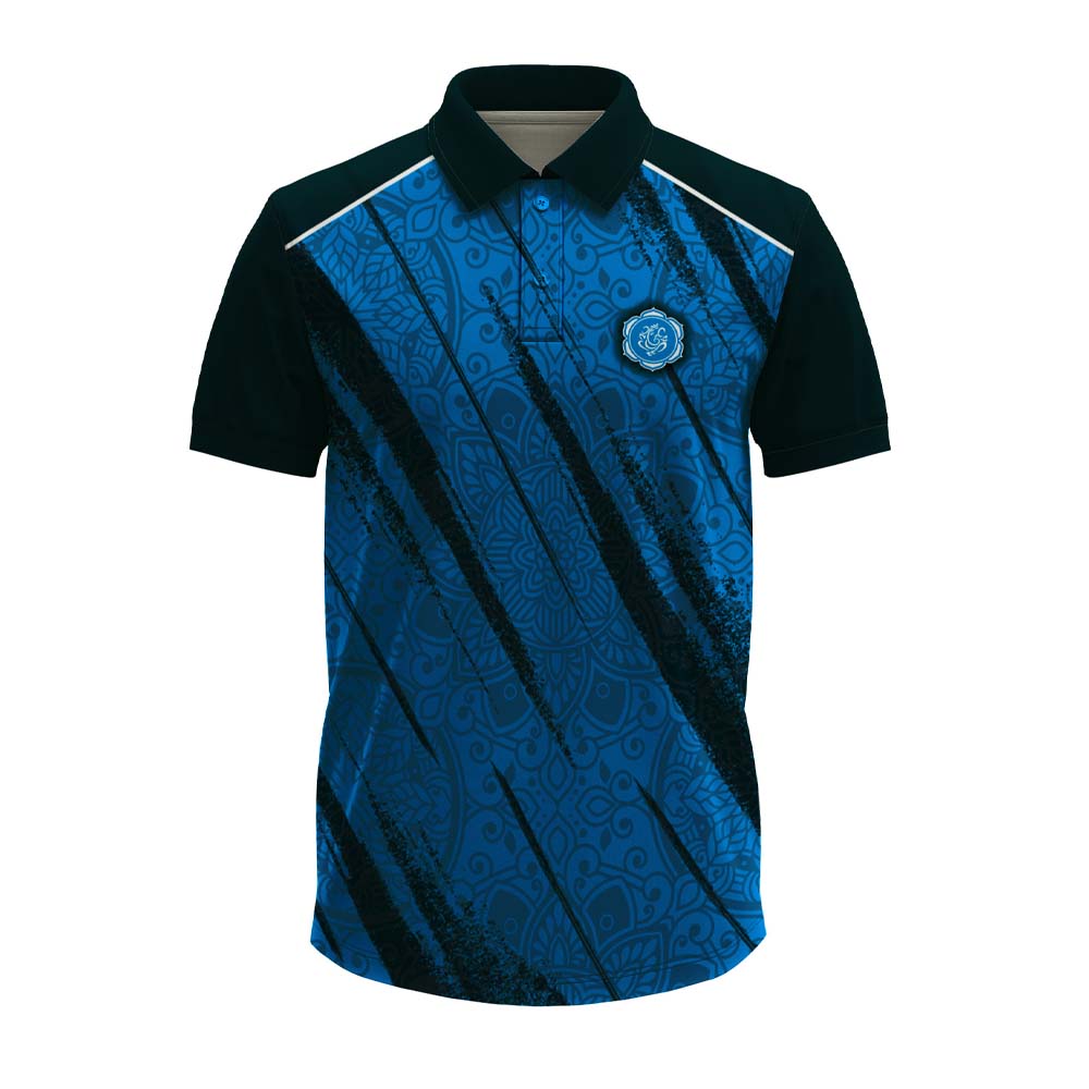 personalized royal blue Ganesha polo jersey with mandala pattern and diagonal black slashes.