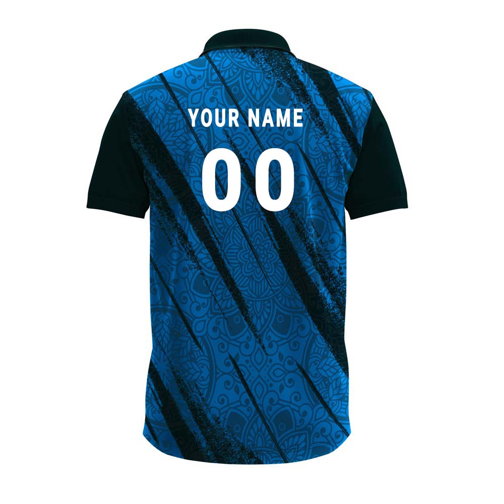 custom blue festive polo shirt displaying customized name and jersey number printing.