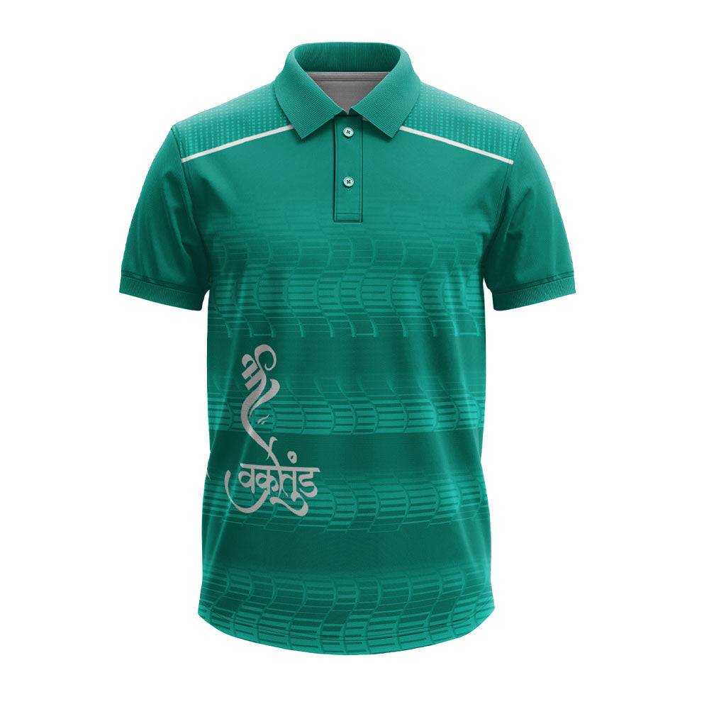 Green Ganpati polo jersey front with Vakratunda design