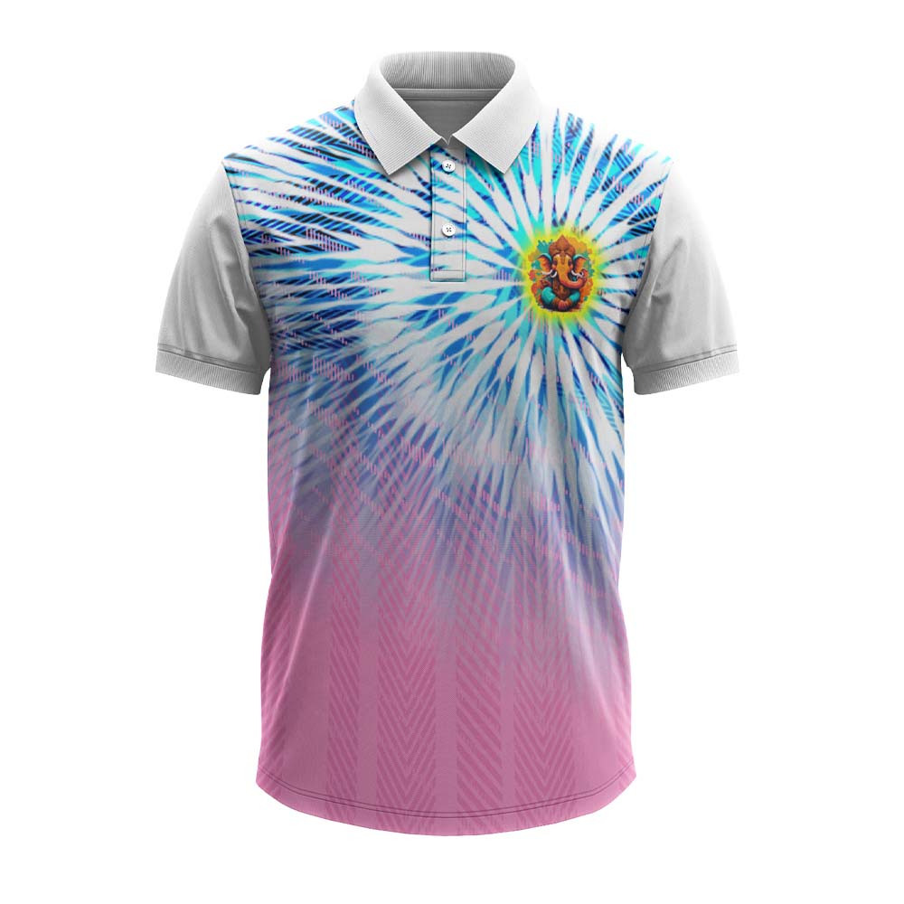 Blue and pink tie-dye Ganpati polo jersey front