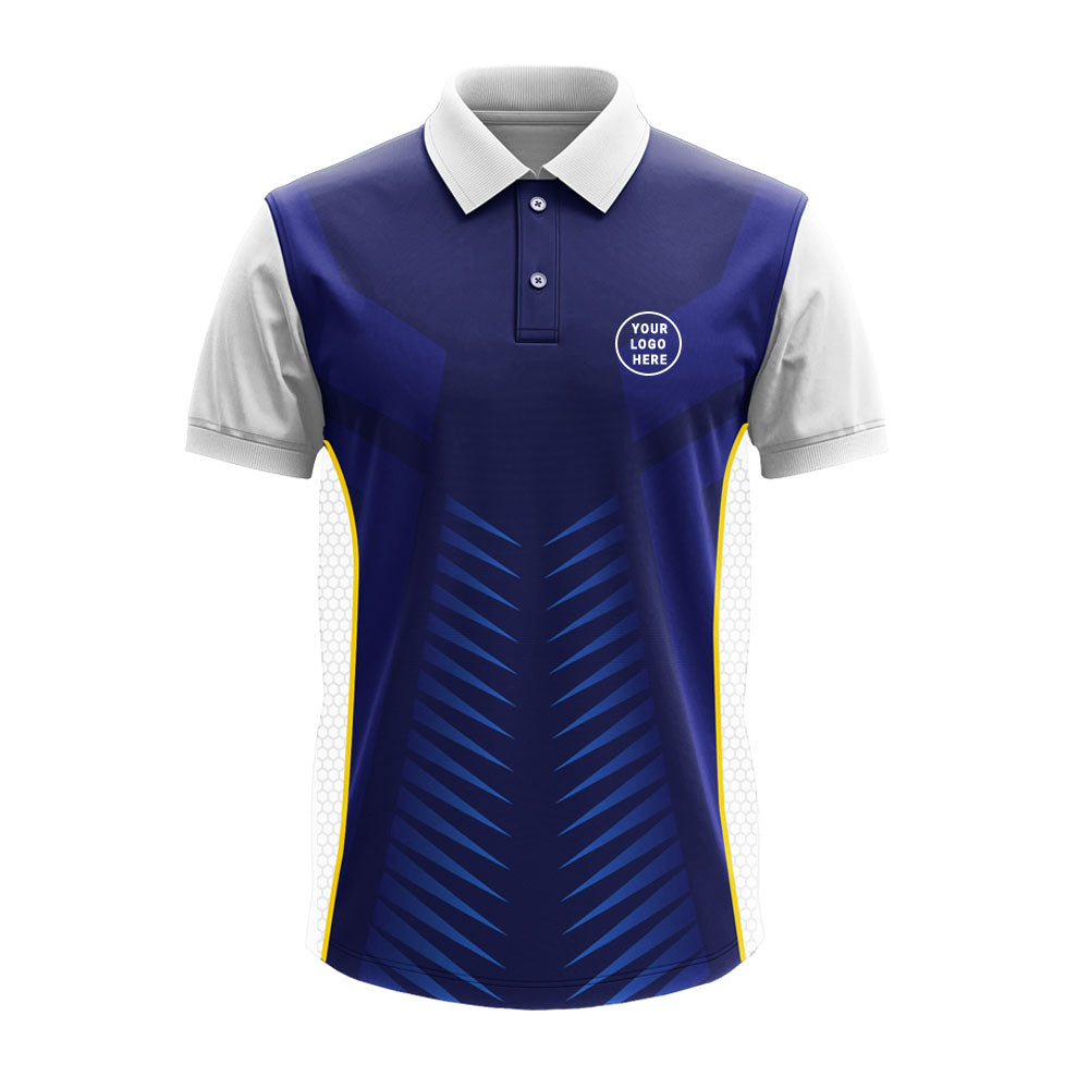 Blue premium polo jersey with white sleeves and side panels, customizable with company logo, employee name, team branding, and sponsor artwork.